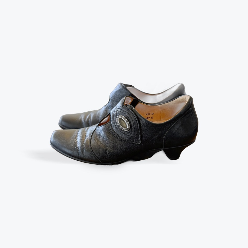 Think!‎ Black Leather Cutout Heeled Loafers Square Toe Shoes Size 40 147 60 40